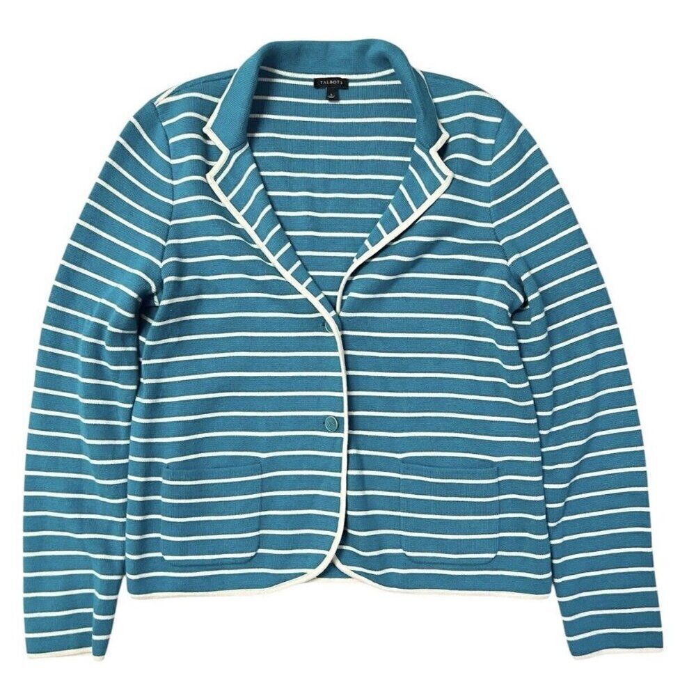 Talbots Cardigan Knit Sweater Jacket Blazer Sz Large Aqua Classic Preppy Office